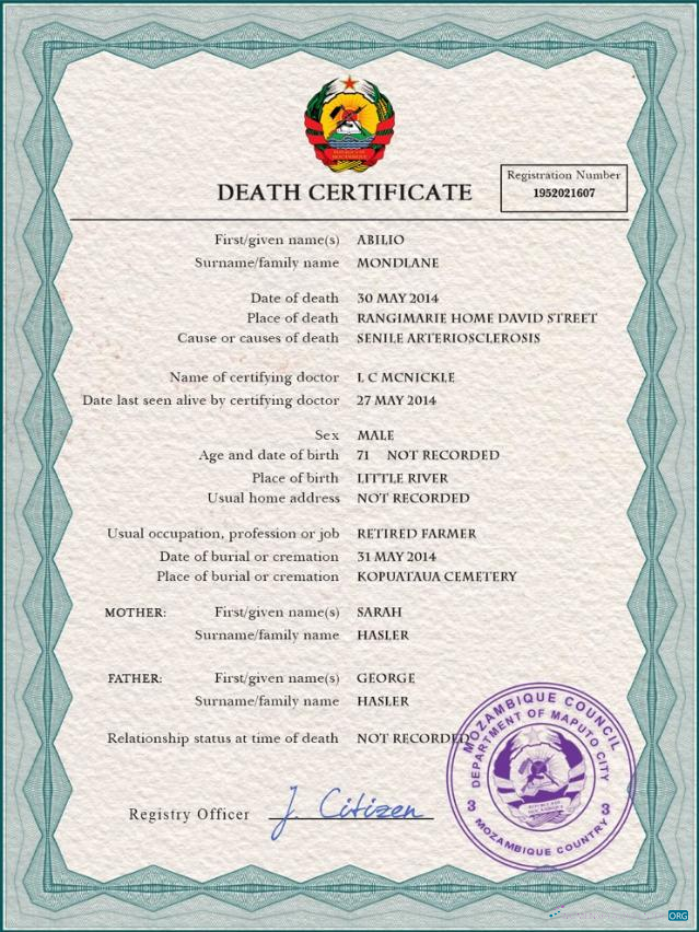 Download Mozambique vital record death certificate PSD template Photoshop template
